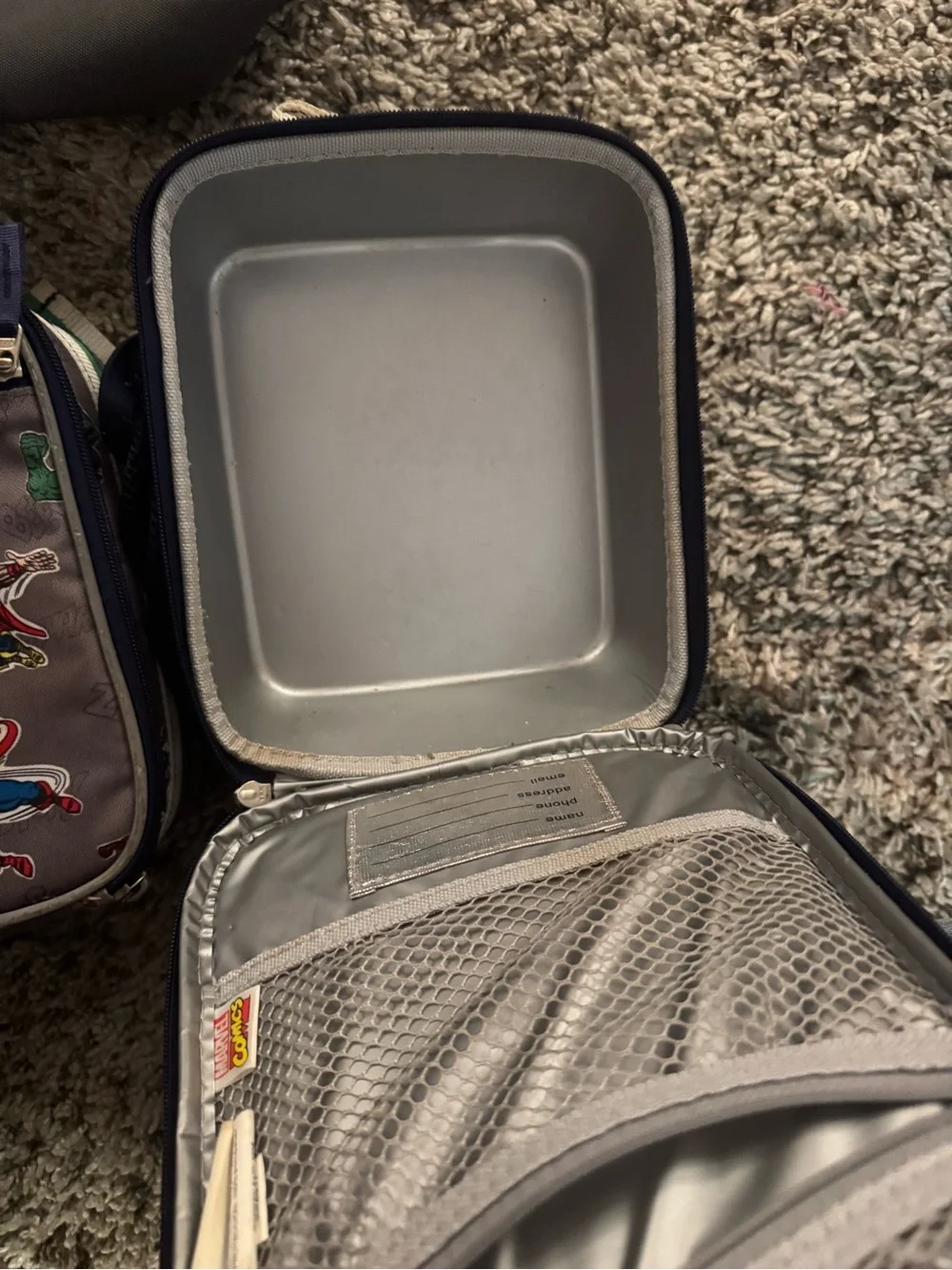 Pottery Barn Kids large Gray Marvel Superhero Backpack and Lunch Boxes